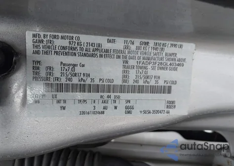 2016 Ford Focus Se z USA, uszkodzony, nr VIN 1FADP3F28GL403469